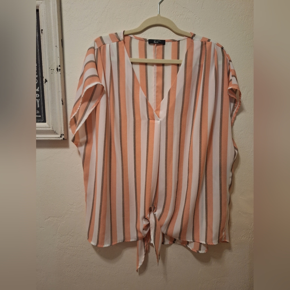 Striped V-Neck Tie-Front Blouse 3x